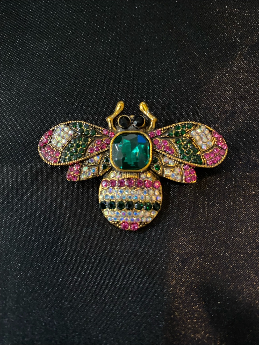 Vintage-Inspired Gold Bee Brooch with Green, Pink and Emerald Accents